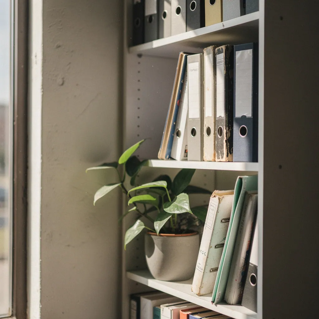 A vertical view of a bookshelf corner in the Zervuqo studio