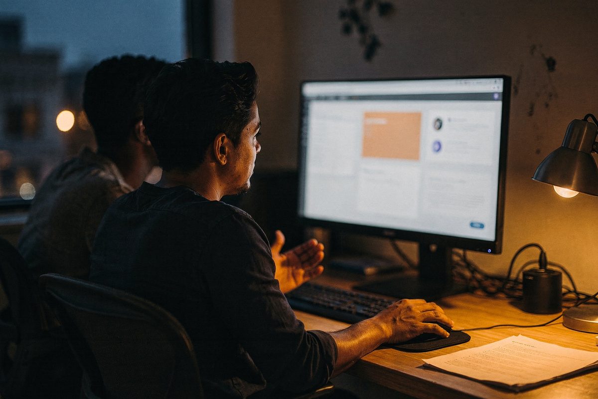 Two people reviewing a growth dashboard during a monthly advisory call